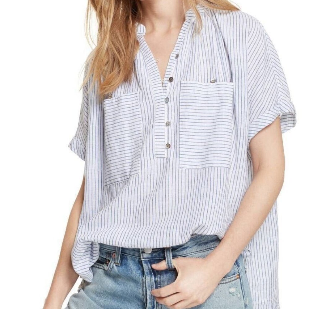 Free People For Keeps Linen Tunic Blouse Top Blue and White Striped Size Small